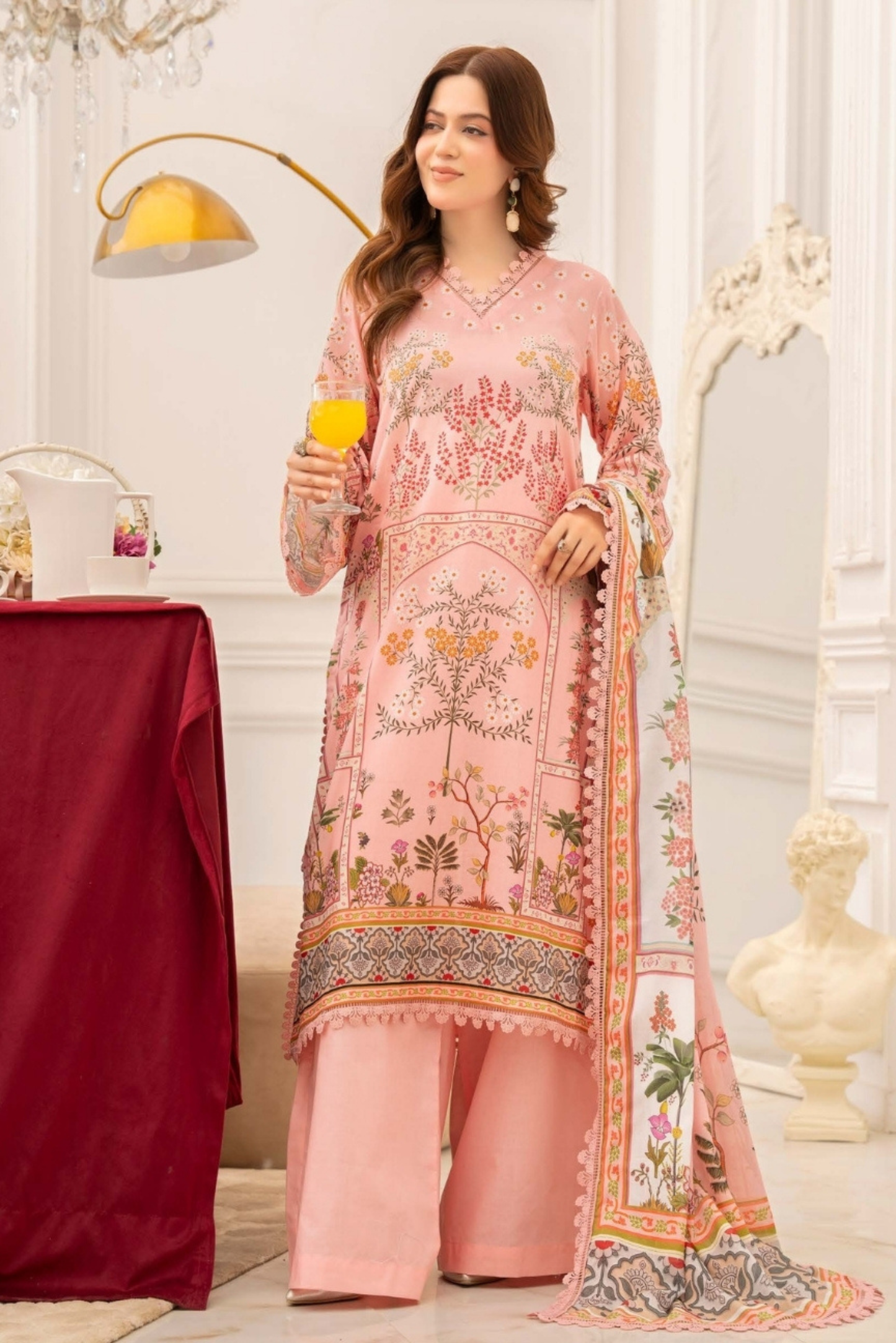 3 Pieces - Raabi Unstitched Peach Print Lawn Suit