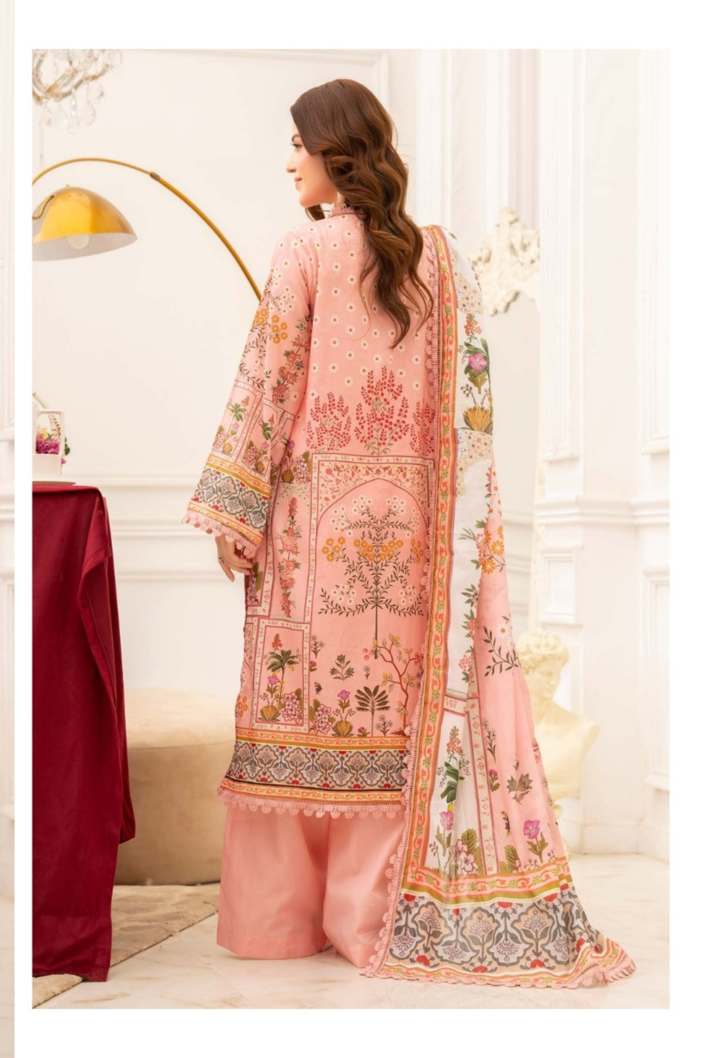 3 Pieces - Raabi Unstitched Peach Print Lawn Suit