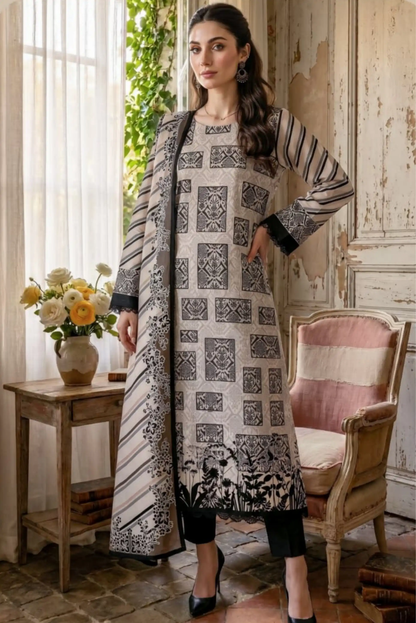 3 Pieces -Sonu Ali  Unstitched  Skin Lawn Suit