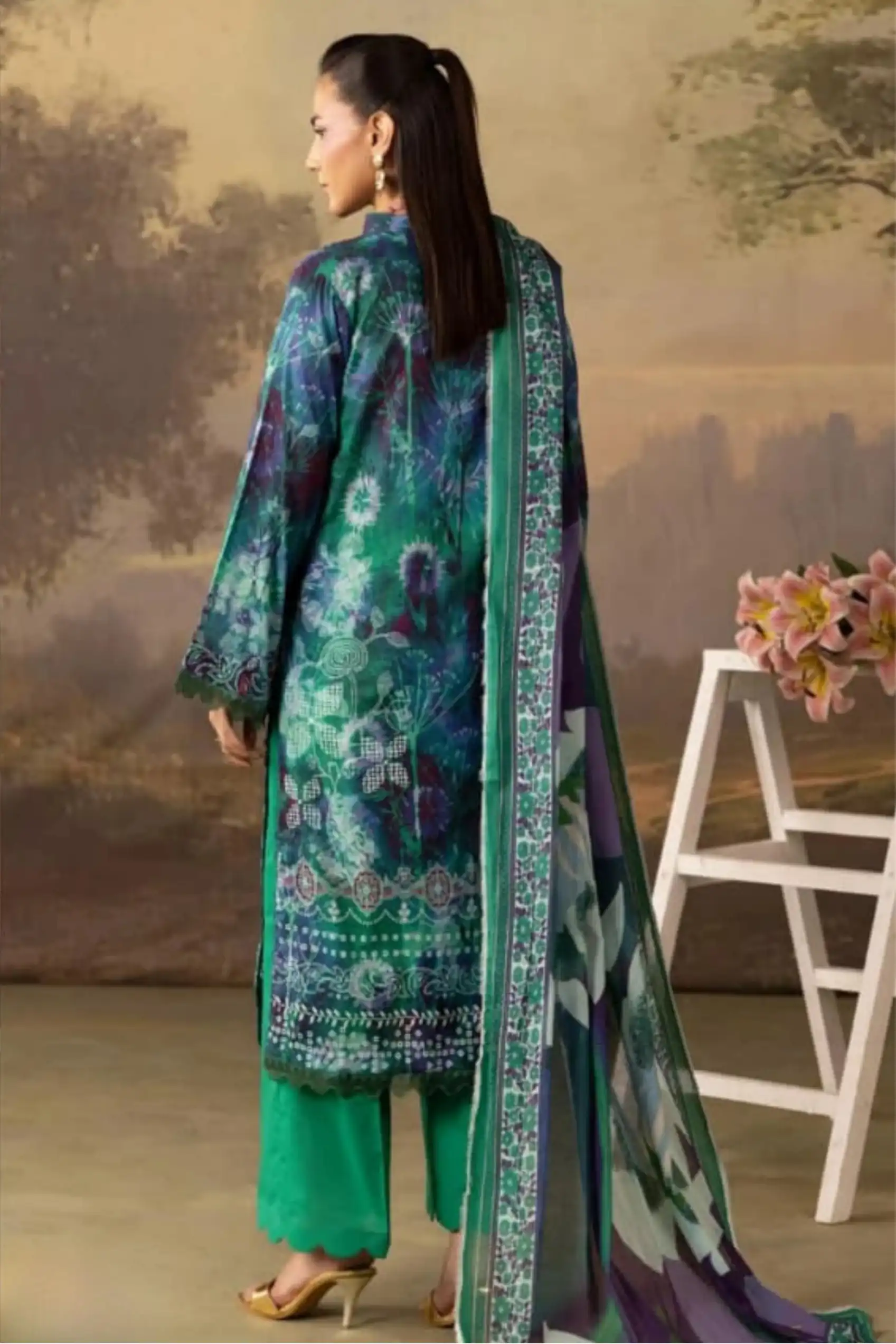 3 Pieces - Rangreza Unstitched Green Lawn Suit
