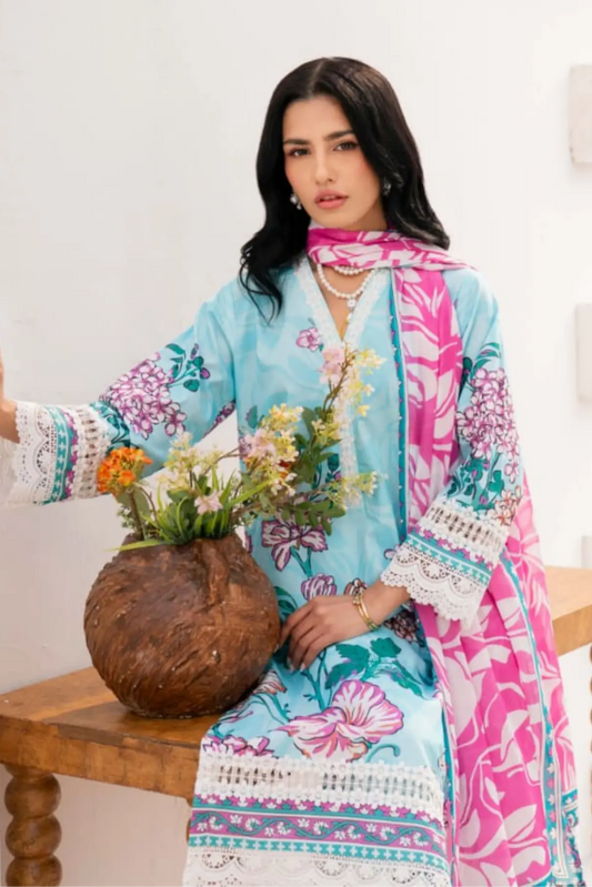 3 Pieces - Yakeen By Asifa Unstitched  Sky Blue Ladies Lawn Suit