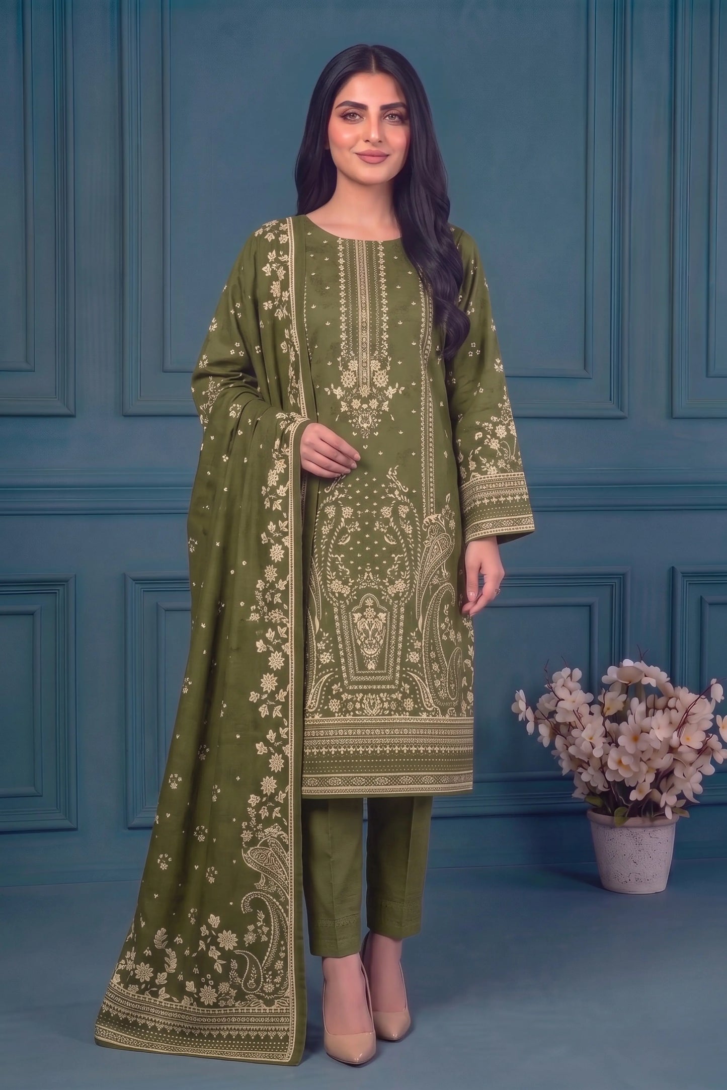 3 Piece - Marooj Ethnic Premium Printed Unstitched Mehandi khaddar Suit