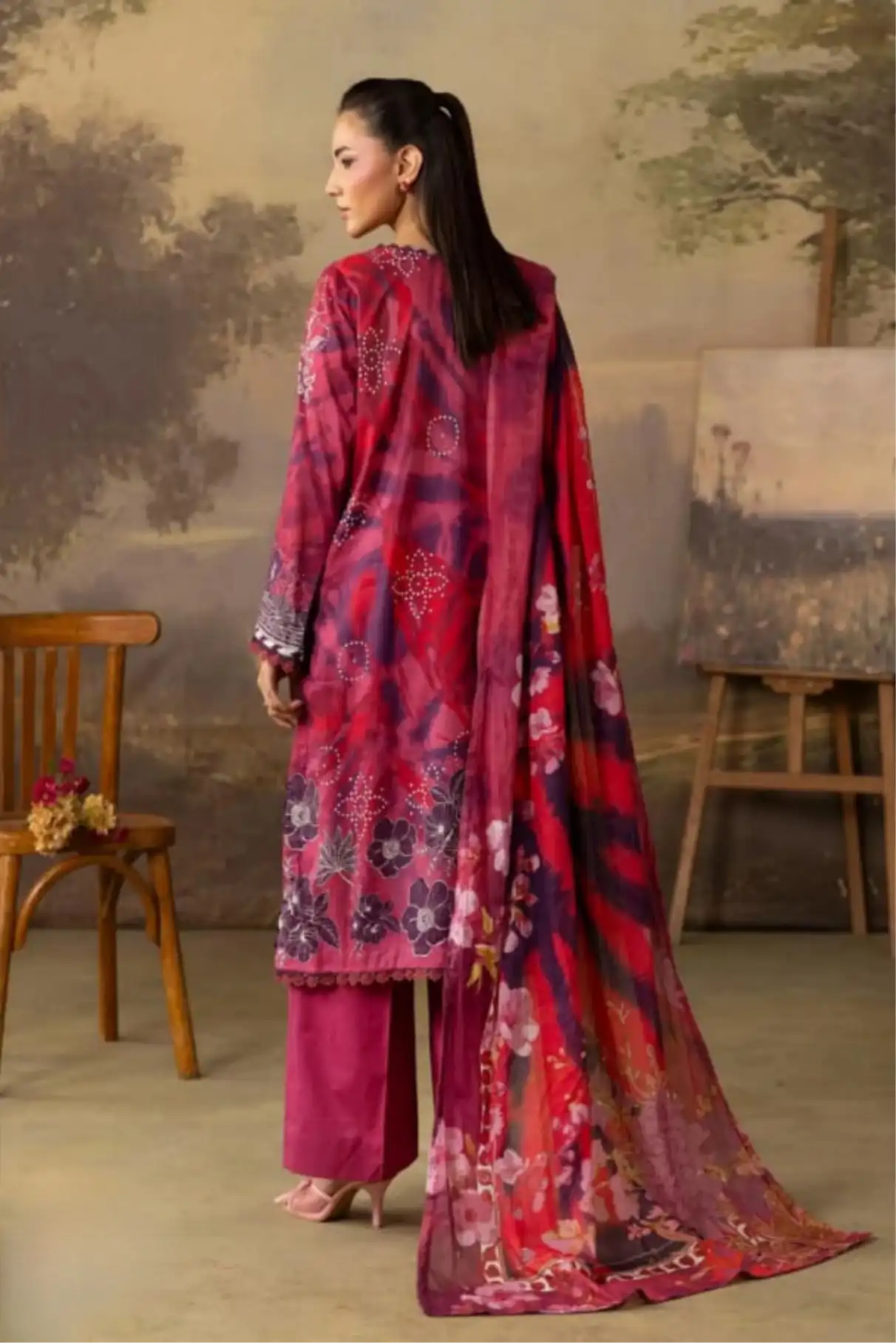 3 Pieces - Rangreza Unstitched Dark Pink Lawn Suit