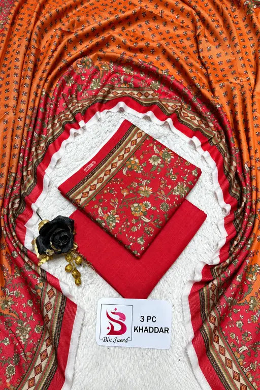 3 Pieces - Bin Saeed Unstitched Red Ladies Printed Khaddar Suit