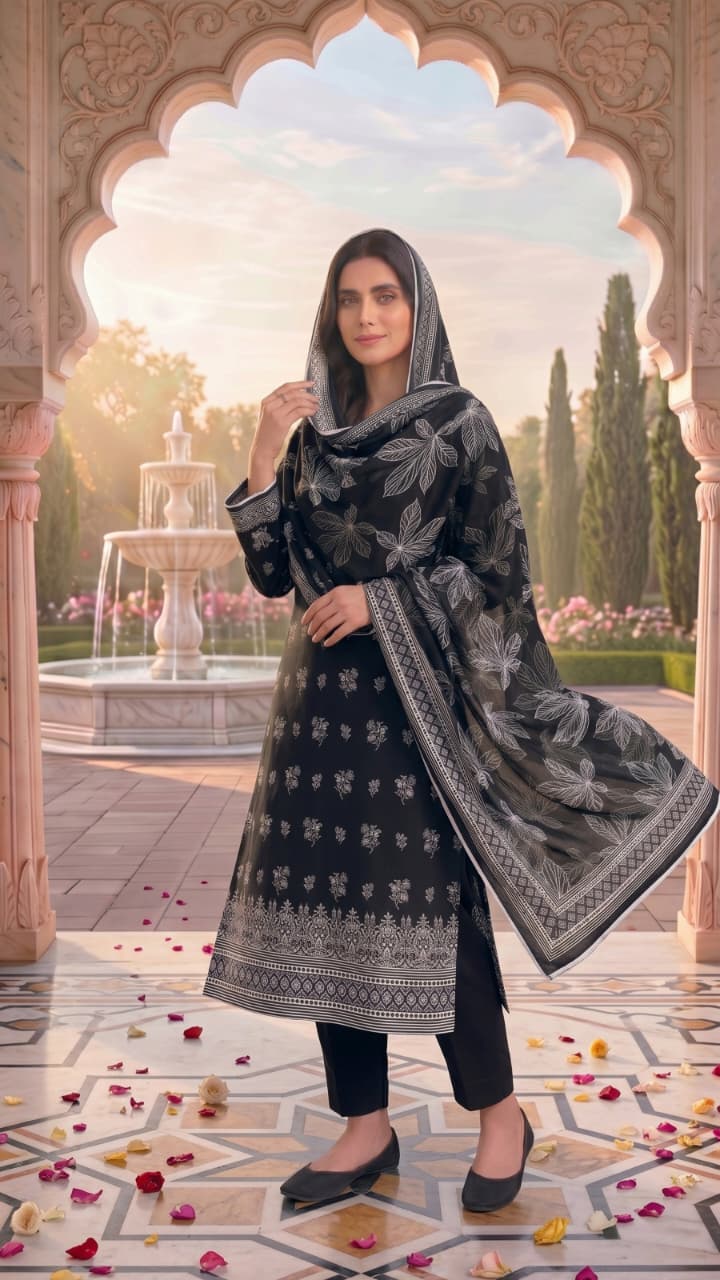 3 Pieces - Sohni Dharti  Unstitched Black And White Lawn Suit
