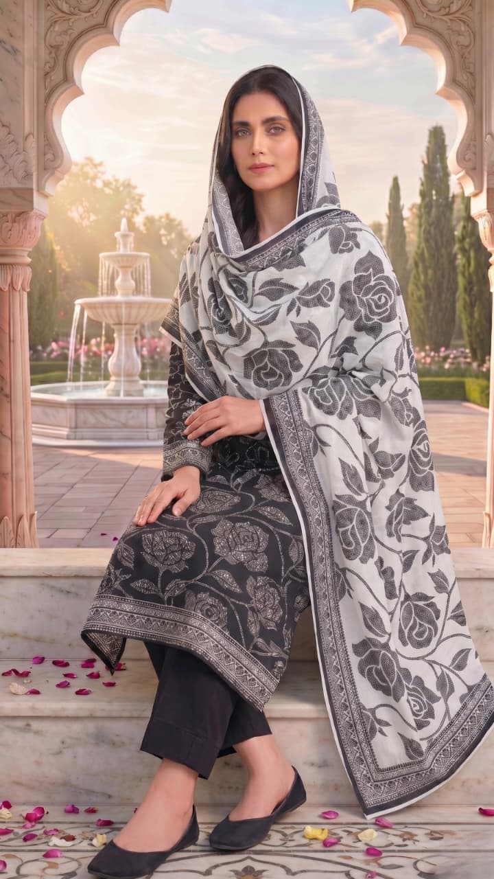 3 Pieces - Sohni Dharti  Unstitched Black And White Lawn Suit