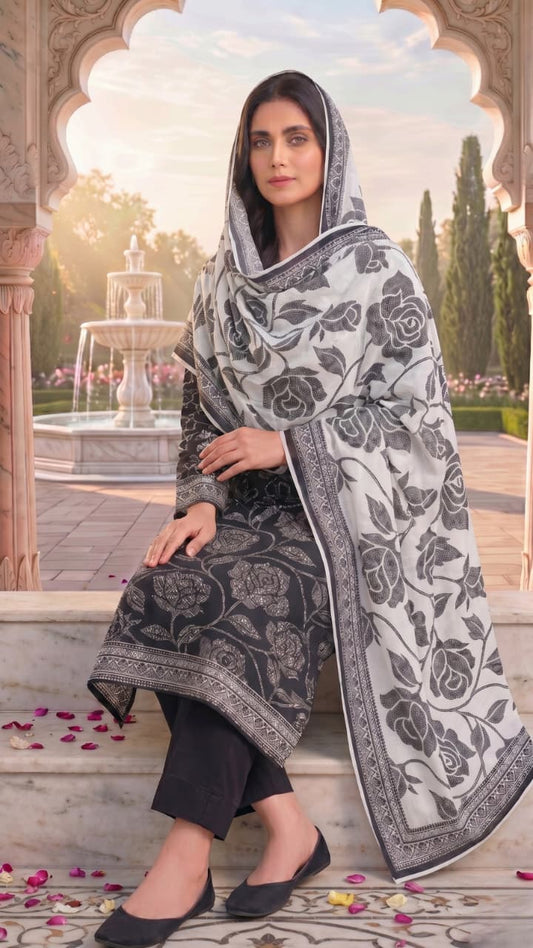 3 Pieces - Sohni Dharti  Unstitched Black And White Lawn Suit
