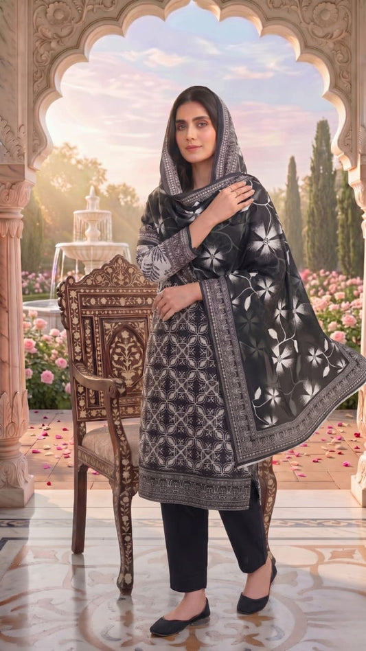 3 Pieces - Sohni Dharti  Unstitched Black And White Lawn Suit