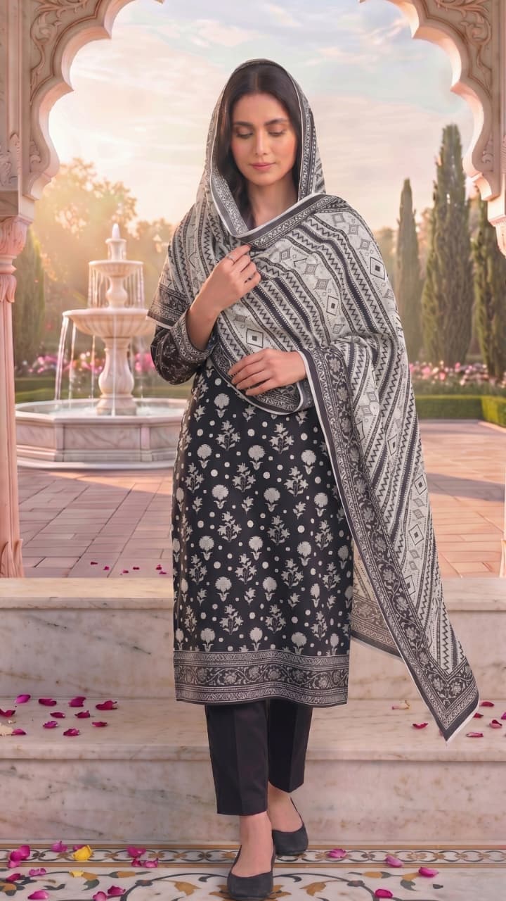 3 Pieces - Sohni Dharti  Unstitched Black And White Lawn Suit
