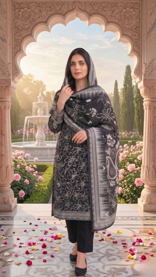 3 Pieces - Sohni Dharti  Unstitched Black And White Lawn Suit
