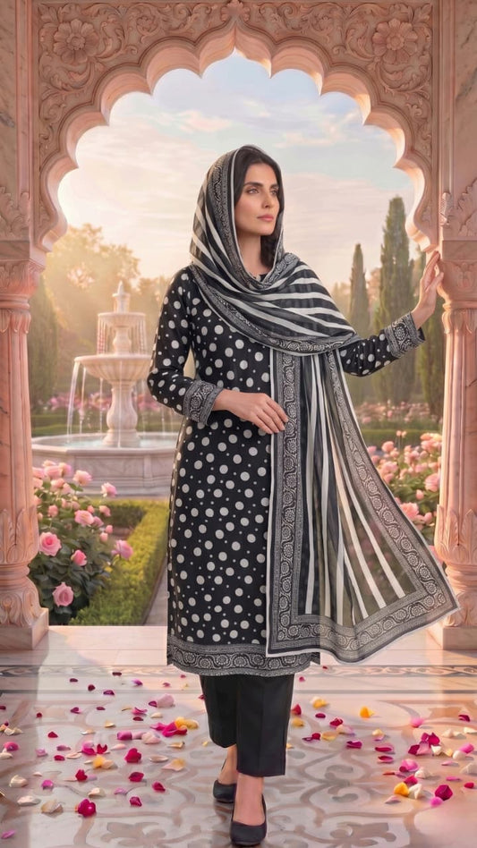 3 Pieces - Sohni Dharti  Unstitched Black And White Lawn Suit