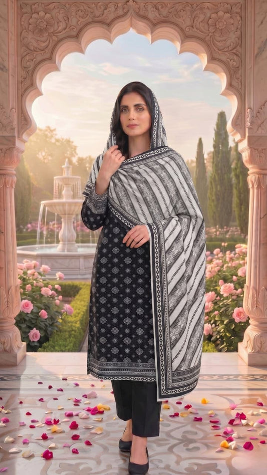 3 Pieces - Sohni Dharti  Unstitched Black And White Lawn Suit