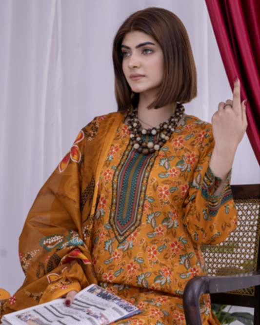 3 Piece - Arfa Unstitched Olive Yellow Ladies Transliminor Magic Print Lawn Suit