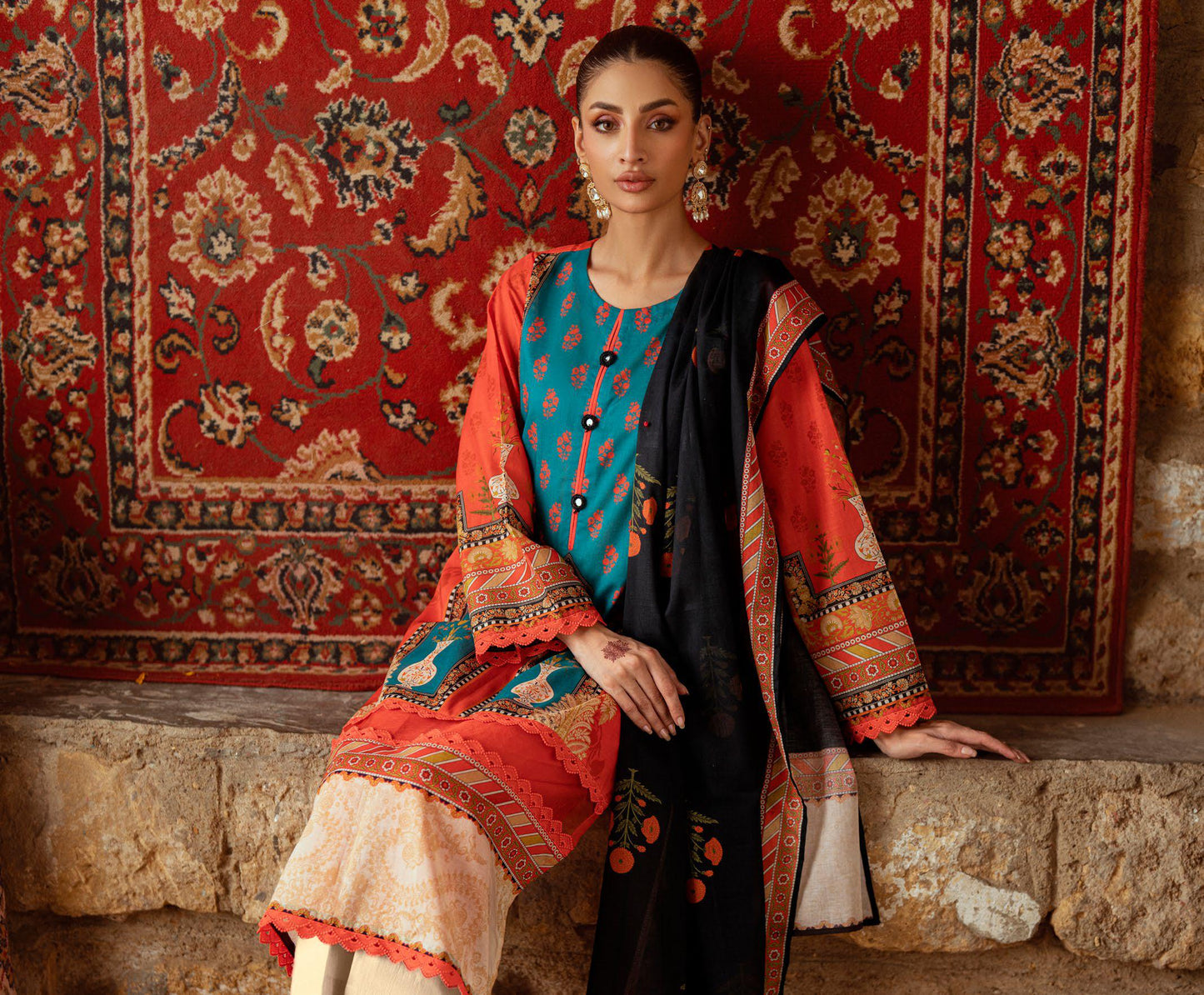 3 Pieces - GulAhmad Unstitched Bright Orange Printed Lawn Suit