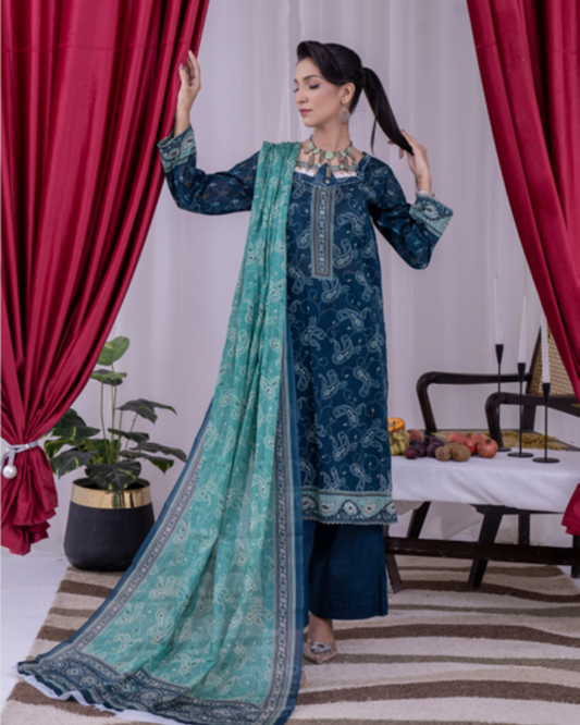 3 Piece - Arfa Unstitched Navy Ladies Transliminor Magic Print Lawn Suit