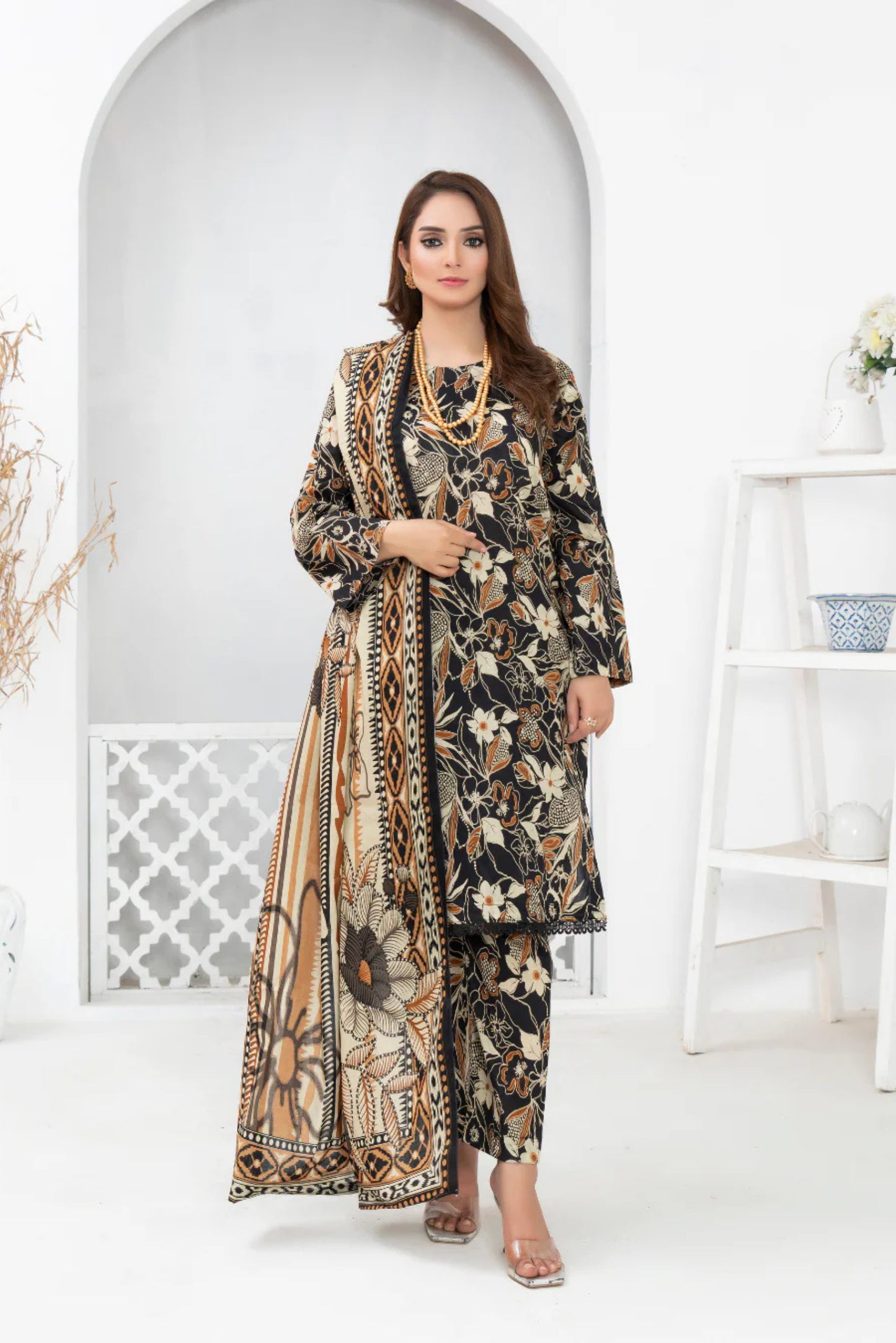 3 Piece - Mahi Unstitched Char Coal Ladies Print Lawn Suit